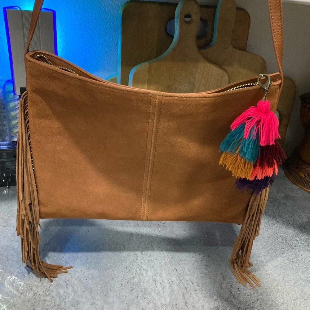 MARK & GRAHAM Fringed Cross Body Bag Purse Tan Leather and Suede NWOT - Picture 3 of 10